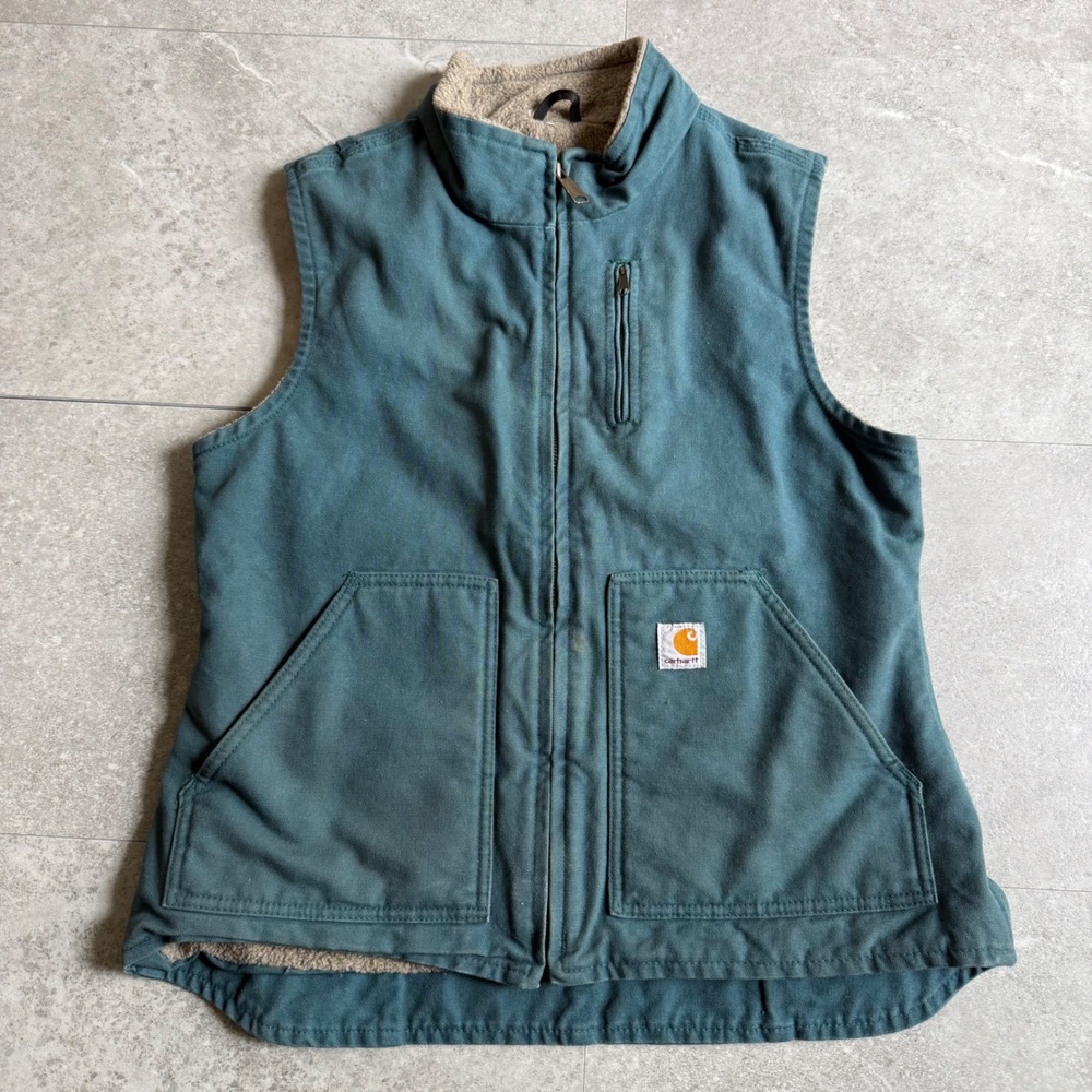 Vintage Carhartt Sherpa Lined Canvas Vest Teal Blue Medium WV001 DTL